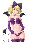  1girl blonde_hair blush breasts collar demon_tail demon_wings erect_nipples erie_(tonari_no_kyuuketsuki-san) fang groin hair_ornament hair_ribbon jewelry looking_at_viewer midriff navel open_mouth oshiza purple_eyes purple_legwear ribbon short_hair simple_background small_breasts smile solo tail thighhighs tonari_no_kyuuketsuki-san white_background wings 