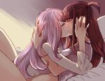  artist_name bangs bed blunt_bangs blush brown_hair chemise closed_eyes eyeshadow french_kiss from_side hug indoors kagari_atsuko kiss leila_(yurisouls) little_witch_academia long_hair makeup multiple_girls profile purple_hair shirt short_ponytail signature sucy_manbavaran yuri 