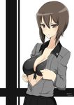  absurdres bangs bikini black_bikini black_skirt breasts brown_eyes brown_hair cleavage closed_mouth dated dress_shirt front-tie_bikini front-tie_top girls_und_panzer grey_shirt highres irukatto kuromorimine_school_uniform light_frown long_sleeves looking_at_viewer medium_breasts nishizumi_maho open_clothes open_shirt pleated_skirt school_uniform shirt short_hair skirt solo standing swimsuit swimsuit_under_clothes twitter_username undressing upper_body 