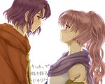  1girl bare_shoulders blush cloak couple delsaber dress erk_(fire_emblem) face-to-face fingerless_gloves fire_emblem fire_emblem:_rekka_no_ken gloves hand_on_another's_arm hetero long_hair pink_eyes pink_hair profile purple_eyes purple_hair scarf serra short_hair simple_background sweatdrop twintails upper_body white_background 