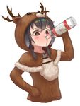  :t @_@ alcohol anidante animal_costume animal_hood black_hair blush bottle brown_eyes capelet drinking full-face_blush fur_trim hair_between_eyes hand_on_hip holding holding_bottle hood kantai_collection multicolored_hair reindeer_costume reindeer_hood short_hair_with_long_locks simple_background solo tokitsukaze_(kantai_collection) two-tone_hair upper_body vodka white_background white_hair 