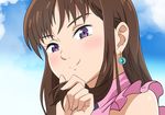  blush brown_hair cloud diane_(nanatsu_no_taizai) earrings jewelry long_hair looking_at_viewer nanatsu_no_taizai simple_background smile solo tatsuya_(1988) upper_body 