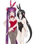  animal_ears areola_slip areolae ass_visible_through_thighs bad_id bad_twitter_id bangs bare_shoulders black_hair black_leotard blue_eyes blunt_bangs breasts brown_eyes bun_cover bunny_ears bunnysuit covered_navel detached_collar double_bun eyebrows_visible_through_hair fake_animal_ears fan fishnet_pantyhose fishnets folding_fan grey_legwear hair_ornament highres lady_bat lanhua large_breasts leotard long_hair low_ponytail mermaid_melody_pichi_pichi_pitch multiple_girls ohisashiburi pantyhose pointy_ears purple_hair red_leotard simple_background small_breasts twintails very_long_hair white_background wrist_cuffs 