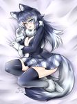  animal_ears between_breasts black_hair blue_eyes blush breasts dakimakura dated fang fur_collar gloves grey_wolf_(kemono_friends) heterochromia highres kemono_friends long_hair looking_at_viewer multicolored_hair necktie necktie_between_breasts open_mouth skirt solo tail two-tone_hair vilde_loh_hocen wolf_ears wolf_tail yellow_eyes 