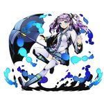  blue_eyes blue_nails blue_skirt divine_gate eyebrows_visible_through_hair full_body hair_ornament leg_up long_hair nail_polish official_art pleated_skirt purple_hair rojin_(divine_gate) shadow skirt solo sweater thighhighs transparent_background twintails ucmm umbrella white_legwear 