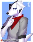  anthro bandanna canine clothed clothing fur looking_at_viewer male mammal matemi simple_background solo 