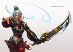  absurdres alternate_costume armor character_name dragonblade_riven feathers gloves hair_bun highres league_of_legends monori_rogue pink_eyes riven_(league_of_legends) simple_background single_glove solo sword weapon white_background white_hair 