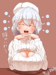  :d arm_rest blush breast_rest breasts cleavage cleavage_cutout colored_eyelashes commentary_request dated fingers_together grey_hair hat head_tilt highres huge_breasts letty_whiterock meme_attire open-chest_sweater open_mouth pyonsuke_(pyon2_mfg) ribbed_sweater simple_background sketch smile solo sweater teeth tongue touhou translated turtleneck 