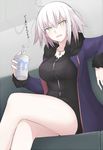  ahoge bangs black_dress blush breasts coat couch crossed_legs cup dress drink drinking_straw eyebrows_visible_through_hair fate/grand_order fate_(series) fur_coat grey_hair hair_between_eyes holding holding_cup jeanne_d'arc_(alter)_(fate) jeanne_d'arc_(fate)_(all) jewelry looking_at_viewer medium_breasts mobu necklace on_couch open_clothes open_coat open_mouth short_hair solo thighs translated wicked_dragon_witch_ver._shinjuku_1999 yellow_eyes 