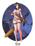  anklet barefoot bikini bolt_action breasts brown_hair character_name cleavage commentary fish frilled_bikini frills gun hair_ornament hair_over_one_eye hairclip headphones headphones_around_neck highres jewelry looking_at_viewer m1903_springfield medium_breasts ocean orange_eyes pacific rifle scope short_hair signature sima_naoteng skindentation smile solo swimsuit thigh_strap torpedo trigger_discipline uss_tautog_(ss-199) watch weapon 