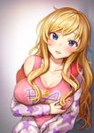  blonde_hair blue_eyes blush breast_hold breasts cleavage collarbone commentary_request highres idolmaster idolmaster_cinderella_girls large_breasts leaning_to_the_side long_hair looking_at_viewer ootsuki_yui open_mouth pink_shirt purple_sweater shirt solo star star_print sweater takeashiro 