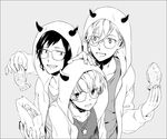  :d bag bespectacled black_border blush border food glasses grey_background greyscale headset hood hoodie idolish_7 izumi_mitsuki jewelry male_focus monochrome multiple_boys necklace nikaido_yamato open_mouth petting rokuya_nagi simple_background smile star taiyaki too_mizuguchi upper_body wagashi 