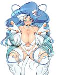  1girl ahegao animal_ears big_hair blue_hair breasts cat_ears cat_tail choker claws cleavage double_v fangs felicia fur highres large_breasts paws sagging_breasts saliva slit_pupils solo tail thick_thighs thighs tongue tongue_out v vampire_(game) venusflower 