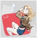  black_shirt blonde_hair blue_eyes blue_shorts brown_jacket copyright_name cutoffs denim denim_shorts girls_und_panzer hair_intakes jacket kay_(girls_und_panzer) long_hair long_sleeves looking_at_viewer looking_back military military_uniform parted_lips saunders_military_uniform shirt short_shorts shorts sitting smile solo soramame_(corndog) star thighhighs uniform white_legwear 