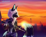  anthro canine clothed clothing female fur gun hair machine_gun mammal matemi outside patreon ranged_weapon solo standing sunset weapon wide_hips 