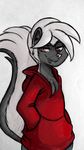  2017 anthro chest_tuft clothed clothing disney fan_character half-closed_eyes hands_in_pockets hoodie hugh_muskroura inkyfrog looking_at_viewer male mammal red_eyes simple_background skunk smile solo traditional_media_(artwork) tuft white_background zootopia 