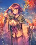  autumn_leaves blue_sky breasts character_request cleavage floral_print hairband hand_up huge_breasts japanese_clothes looking_at_viewer moe_(hamhamham) outdoors personification pokemon purple_hair sky solo standing walking_stick wide_sleeves yellow_eyes 