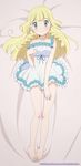  2017 alternate_costume bangs barefoot bed_sheet between_toes blonde_hair blue_frills blunt_bangs blush body_blush braid breasts collarbone dakimakura dress eyebrows_visible_through_hair feet feet_together frilled frilled_dress frilled_nightgown frills full_body green_eyes hand_on_own_chest highres legs lillie_(pokemon) long_hair looking_at_viewer lying medium_breasts meiji nightgown on_back pigeon-toed pokemon pokemon_(game) pokemon_sm side_braid sleeveless smile solo strap_slip tied_hair toes twin_braids watermark white_nightgown 