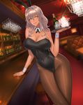  animal_ears bar bottle breasts bunny_ears bunnysuit chandelier check_commentary commentary_request covered_nipples cup damegane drinking_glass hand_on_table highres large_breasts looking_at_viewer lounge original pantyhose silver_hair solo tan thick_thighs thighs wine_bottle wine_glass yellow_eyes 