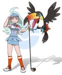 :&lt; adjusting_clothes adjusting_hat ahoge aqua_hair badge beak belt bird bird_tail bird_wings blue_hat blue_skirt breasts buttons closed_mouth collared_shirt commentary_request elite_four eyelashes feathered_wings feathers frown full_body gen_7_pokemon golf_club grey_belt hat highres holding_golf_club kahili_(pokemon) kneehighs lavender_eyes long_hair looking_at_viewer medium_breasts miniskirt mole mole_under_eye official_style open_mouth orange_legwear pencil_skirt poke_ball pokemon pokemon_(creature) pokemon_(game) pokemon_sm shadow shirt shoes short_sleeves simple_background skirt standing striped striped_shirt tail talons tareme teru_zeta toucan toucannon visor_cap white_background white_footwear wings 