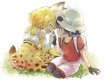  animal_ears animal_print backpack bag bare_shoulders black_hair black_legwear blonde_hair closed_eyes elbow_gloves gloves hat hat_feather holding_hands idu kaban_(kemono_friends) kemono_friends looking_at_another multiple_girls open_mouth pantyhose red_shirt serval_(kemono_friends) serval_ears serval_print serval_tail shirt short_hair shorts sitting skirt sleeveless sleeveless_shirt smile t-shirt tail thighhighs white_shirt 