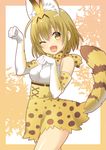  animal_ears blonde_hair blush bow daidai_jamu elbow_gloves extra_ears fang gloves highres kemono_friends looking_at_viewer one_eye_closed open_mouth paw_pose serval_(kemono_friends) serval_ears serval_print serval_tail smile solo striped_tail tail yellow_bow yellow_eyes 