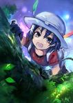  amamitsu_kousuke backpack bag black_eyes black_gloves black_hair black_legwear climbing_tree collarbone commentary d: dot_nose eyebrows from_above gloves hair_between_eyes hat hat_feather helmet highres jpeg_artifacts kaban_(kemono_friends) kemono_friends looking_at_viewer looking_up open_mouth outdoors pantyhose pantyhose_under_shorts pith_helmet plant red_shirt rope shirt short_hair short_sleeves shorts solo tearing_up tears tree tsurime v-shaped_eyebrows white_hat 