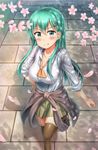  aqua_eyes aqua_hair blush breasts brick_floor brown_legwear cherry_blossoms clothes_around_waist collarbone commentary_request from_above grass green_skirt hair_ornament hairclip hand_on_hip highres jacket jacket_around_waist jacket_removed kantai_collection large_breasts long_hair looking_at_viewer looking_up nedia_(nedia_region) orange_neckwear outdoors pavement pleated_skirt shadow skirt sleeves_rolled_up smile solo straight_hair suzuya_(kantai_collection) thighhighs tongue tongue_out walking 