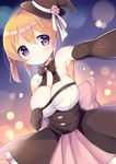  bad_id bad_pixiv_id black_bow black_hat black_ribbon blush bow breasts cleavage dress dress_pull eyebrows_visible_through_hair flower gochuumon_wa_usagi_desu_ka? hat hoto_cocoa kurou_(quadruple_zero) large_breasts looking_at_viewer orange_hair pink_bow purple_eyes ribbon smile solo white_ribbon witch_hat 