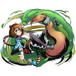  animal_ears bear_ears black_legwear bracelet brown_hair divine_gate full_body green_eyes jewelry official_art outstretched_arm pantyhose sanae_(divine_gate) sash short_hair smile solo tail transparent_background ucmm 
