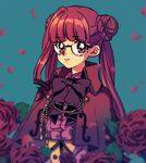  blue_background bow brown_hair double_bun flower gen_4_pokemon glasses kricketune long_hair moe_(hamhamham) personification pokemon purple_eyes rose smile solo twintails upper_body 