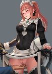  1girl apron blue_eyes blush breasts breasts_apart censored covered_navel covered_nipples dress dress_lift felicia_(fire_emblem_if) fingering fingerless_gloves fire_emblem fire_emblem_if gloves lasterk long_hair maid maid_apron maid_headdress medium_breasts mosaic_censoring no_panties one_eye_closed pink_hair ponytail pubic_hair pussy pussy_juice solo_focus standing thighhighs 