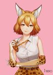  :q animal_ears bare_shoulders blonde_hair bow bowtie commentary elbow_gloves gloves highres joe_(j_studio) kemono_friends licking_lips looking_at_viewer pink_background serval_(kemono_friends) serval_ears serval_print shirt short_hair simple_background skirt sleeveless solo tongue tongue_out undressing upper_body 