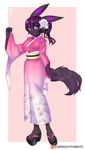  anthro clothed clothing feline female fur hair japanese_clothing kimono looking_at_viewer mammal matemi smile solo standing 