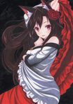  animal_ears arm_over_head bangs bare_shoulders black_background breast_hold breasts brooch brown_hair dress flower hair_flower hair_ornament imaizumi_kagerou jewelry kittona long_sleeves medium_breasts parted_bangs parted_lips red_eyes rose solo touhou wolf_ears 