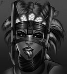  artist_name barbell_piercing feathers ferra grey_background greyscale highres jassycoco mask monochrome mortal_kombat mortal_kombat_x piercing portrait simple_background solo tongue tongue_out tongue_piercing 