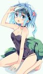  alternate_costume backpack bag bare_shoulders black_swimsuit blue_eyes blue_hair breasts choker cleavage goggles goggles_on_head hair_bobbles hair_ornament hat hat_removed headwear_removed kawashiro_nitori long_hair looking_at_viewer maturiuta_sorato medium_breasts one-piece_swimsuit open_mouth solo swimsuit touhou two_side_up 