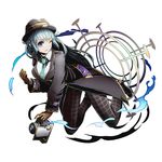  blue_eyes blue_hair breasts brown_gloves divine_gate full_body gloves green_neckwear hat holding large_breasts long_hair looking_at_viewer muneime_(divine_gate) necktie official_art one_eye_closed shadow solo transparent_background ucmm very_long_hair 