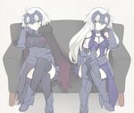  armor armored_boots bangs beige_background black_legwear blonde_hair boots breasts capelet chain cleavage cloak closed_mouth commentary_request couch crossed_legs eye_contact eyebrows_visible_through_hair fate/apocrypha fate/grand_order fate_(series) fur_trim grey_hair hand_on_own_cheek headpiece jeanne_d'arc_(alter)_(fate) jeanne_d'arc_(fate)_(all) long_hair looking_at_another medium_breasts mobu on_couch simple_background sitting solo symmetry thighhighs yellow_eyes 