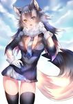  animal_ears ass_visible_through_thighs between_breasts black_hair black_legwear blue_eyes blush breasts fang fur_collar gloves grey_wolf_(kemono_friends) heterochromia highres kemono_friends large_breasts long_hair looking_at_viewer multicolored_hair necktie necktie_between_breasts open_clothes open_mouth open_shirt pleated_skirt rahato shirt skirt solo tail thighhighs two-tone_hair wolf_ears wolf_tail yellow_eyes 