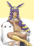  absurdres blush body_jewelry breasts character_doll commentary_request dark_skin fate/grand_order fate_(series) full_body hairband hamu_koutarou highres jewelry long_hair medium_breasts medjed nitocris_(fate/grand_order) pasties pelvic_curtain purple_eyes purple_hair revealing_clothes smile yellow_background 