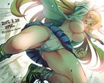 :d armor armored_boots ass_visible_through_thighs blonde_hair blue_ribbon blue_skirt boots breasts clenched_hands commentary_request dated floating_hair from_below green_eyes hair_ornament hair_ribbon hairband katsuragi_(senran_kagura) large_breasts long_hair looking_at_viewer looking_down navel no_bra open_clothes open_mouth open_shirt panties pantyshot pleated_skirt ribbon sasachin_(k+w) senran_kagura shirt short_sleeves skirt smile solo stomach twitter_username underboob underwear white_panties white_shirt 