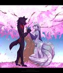  2016 5_fingers angiewolf anthro blue_eyes canine digitigrade duo female hair male mammal multi_tail nude purpel_fur purple_hair red_eyes solo tree wolf 