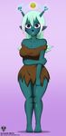  alcasar-reich alien antennae anthro big_breasts breasts bue_(character) cleavage clothed clothing emoji_(race) female green_skin humanoid mature_female purple_eyes samurai_jack smile solo_focus 