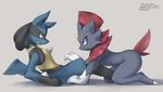  artist_name claws clenched_teeth dated eye_contact fang_out from_side furry gen_4_pokemon grey_background highres looking_at_another lucario lying no_humans on_back pokemon pokemon_(creature) profile red_eyes simple_background sweatdrop teeth weavile zinfyu 