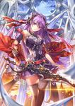  bad_id bad_pixiv_id brown_legwear cape highres holding holding_sword holding_weapon indoors looking_at_viewer purple_eyes purple_hair red_cape shenteita solo standing sword thighhighs weapon 