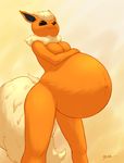  anthro belly big_belly breasts covering covering_breasts covering_self eeveelution female flareon fluffy fluffy_tail fur hand_on_stomach looking_up maiesen mammal navel nintendo orange_fur pok&eacute;mon pregnant simple_background smile solo tan_fur tuft video_games 