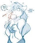  ? anthro canine chest_tuft clothed clothing confusion female keidran mammal midriff monochrome object_in_mouth raine_(twokinds) rubber_duck simple_background sketch solo sound_effects tom_fischbach tuft twokinds white_background wolf 