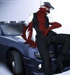  angiewolf anthro black_nose bulge canine car clothed clothing fur male mammal open_mouth orange_eyes pants red_fur simple_background smile solo teeth vehicle 