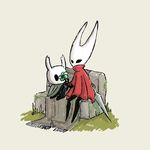  ambiguous_gender ambiguous_species bench black_body carpet duo flower grass hollow_knight hornet_(hollow_knight) karta. melee_weapon plant protagonist_(hollow_knight) simple_background sitting size_difference weapon white_background 
